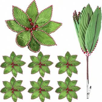 1/6Pcs Green Peppermint Edge Christmas Poinsettia Stem 10.24 X 3.94 Inch Silk Velvet Artificial Fake Poinsettia Flowers Blooms For Christmas Trees And Holiday Decorations Home Decor Christmas Decorations Room Decor