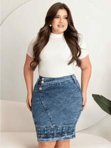 Saia Jeans Evangélica Com Detalhe Botões Lateral