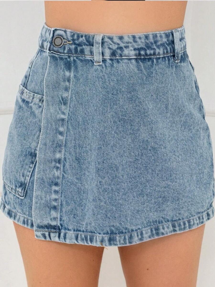 WL Moda Women's Simple Casual Denim Skirt Shorts With Side Pockets And Side Button Slim Fit For Summer - Rửa trung bình - Xem 1