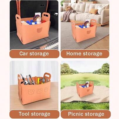 2 个装大号毛毡汽车储物篮 - 可折叠手柄可折叠玩具/衣服/小工具收纳盒，可爱的软毛毡储物箱，适用于汽车后备箱和家居，节省空间的便携式手持储物篮，2 个装大号毛毡汽车储物篮：可折叠多用途收纳盒，带可折叠手柄和卡通熊设计 - 柔软便携式储物箱，适用于汽车后备箱、家居和野餐，节省空间