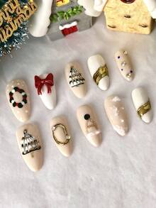 10片/套 女士/女孩亚克力假指甲，含美甲贴纸，手工杏仁形设计，全面贴合，方便实用。采用亚克力材质，经久耐用，可重复使用。这款易于佩戴的假指甲套装包含美甲用品。适合派对、新年庆祝活动、情人节和其他节日，也是理想的礼物之选。 - 彩色 - 查看 4