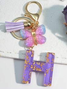1pc Resin Starry Sky Epoxy English Letter Keychain With Tassel & Fluffy Pom Pom Decor, Gift For Friends & Mothers, Heart Pendant Christmas - Purple - View 23