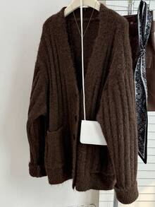 JIANHU Fuzzy Knit Pocket Cardigan For Women – Cozy V-Neck Sweater Jacket For Winter & Christmas Outfits