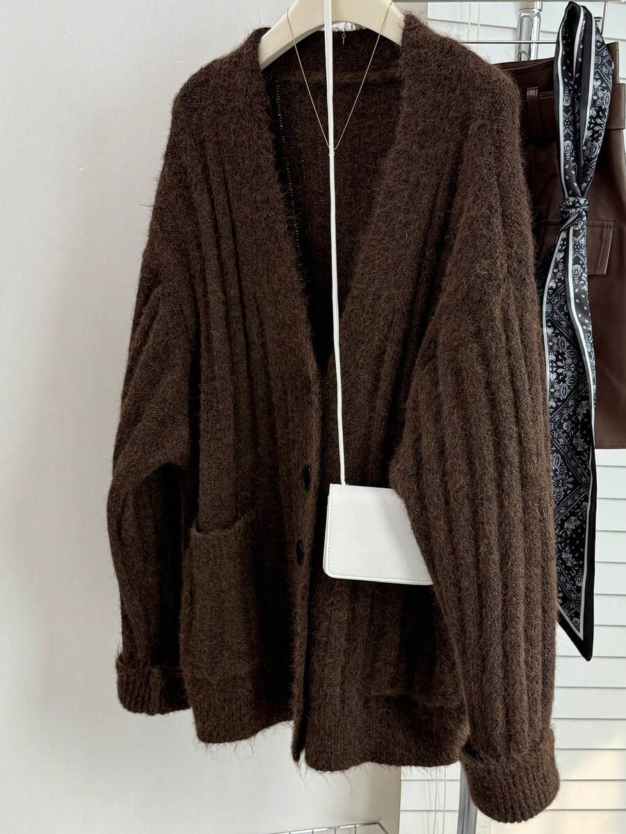 JIANHU Fuzzy Knit Pocket Cardigan For Women – Cozy V-Neck Sweater Jacket For Winter & Christmas Outfits