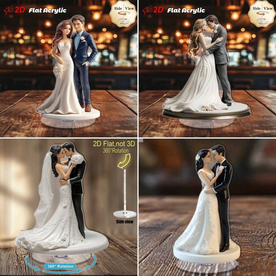 1 件优雅的 2D 旋转亚克力新娘和新郎桌面装饰 - 适合婚礼、订婚和周年纪念，室内/室外使用，无需电源，婚礼装饰