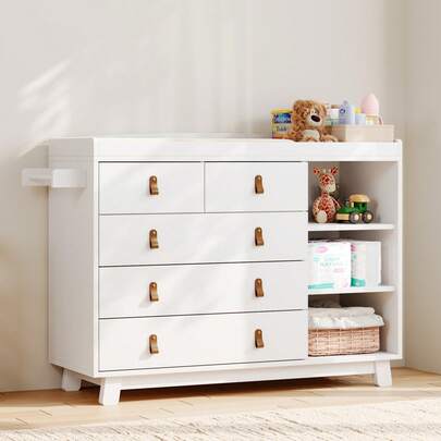 Baby Dresser With Changing Table Top, Nursery Dresser With 5 Drawers And Adjustable Shelves, Storage Organizer For Kids Bedroom, White