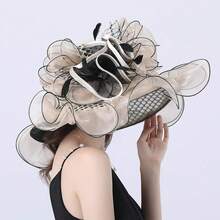 Women's Wide Brim Church Hat Organza Fascinator With Silk Flowers Tea Party Wedding Derby Bridal Events - 杏色 - 查看 4