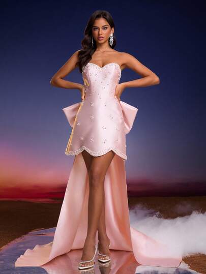 Vestido de Coquetel Elegante Sem Alças com Laço e Pérolas Falsas nas Costas para Mulheres