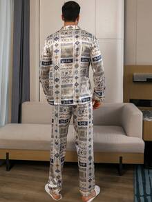2pcs Men's Sleepwear Set, Letter & Geometric Pattern Satin Robe & Pants, All Season, Fall Clothes