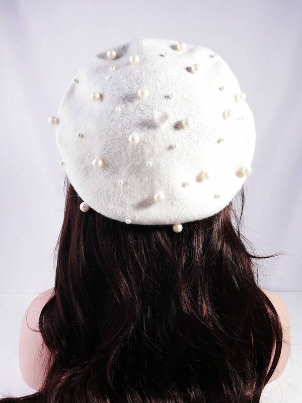 قبعة بيريه مزينة باللؤلؤ الأبيض للنساء، مناسبة للاستخدام اليومي