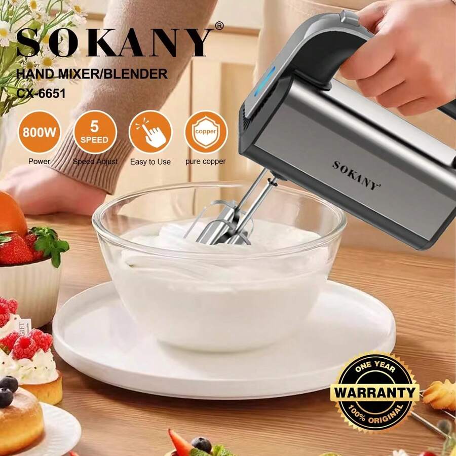 SOKANY 6651 Multi-Function Hand Mixer, Whisk, Electric Mixer. 800W High Power | 2-In-1 Design, Dual Beaters | Heat-Resistant Stainless Steel | 5-Speed Adjustment. Suitable For Quickly Whipping Cream And Egg Whites, As Well As Kneading Dough. An Essential Kitchen Tool And Baking Appliance.