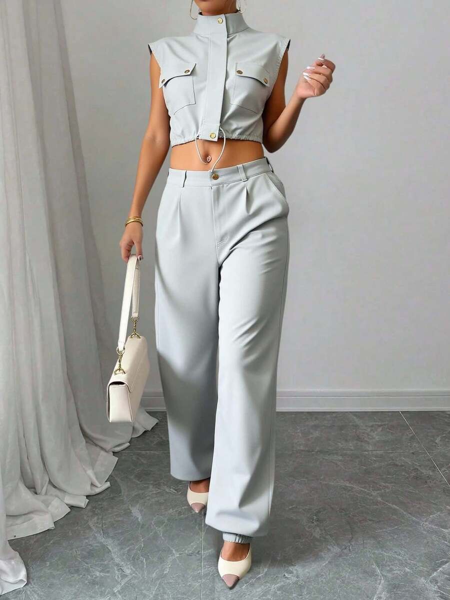 conjunto de 2 piezas elegantes  camisa de cargo con pantalon de cargo - Gris - Ver 1
