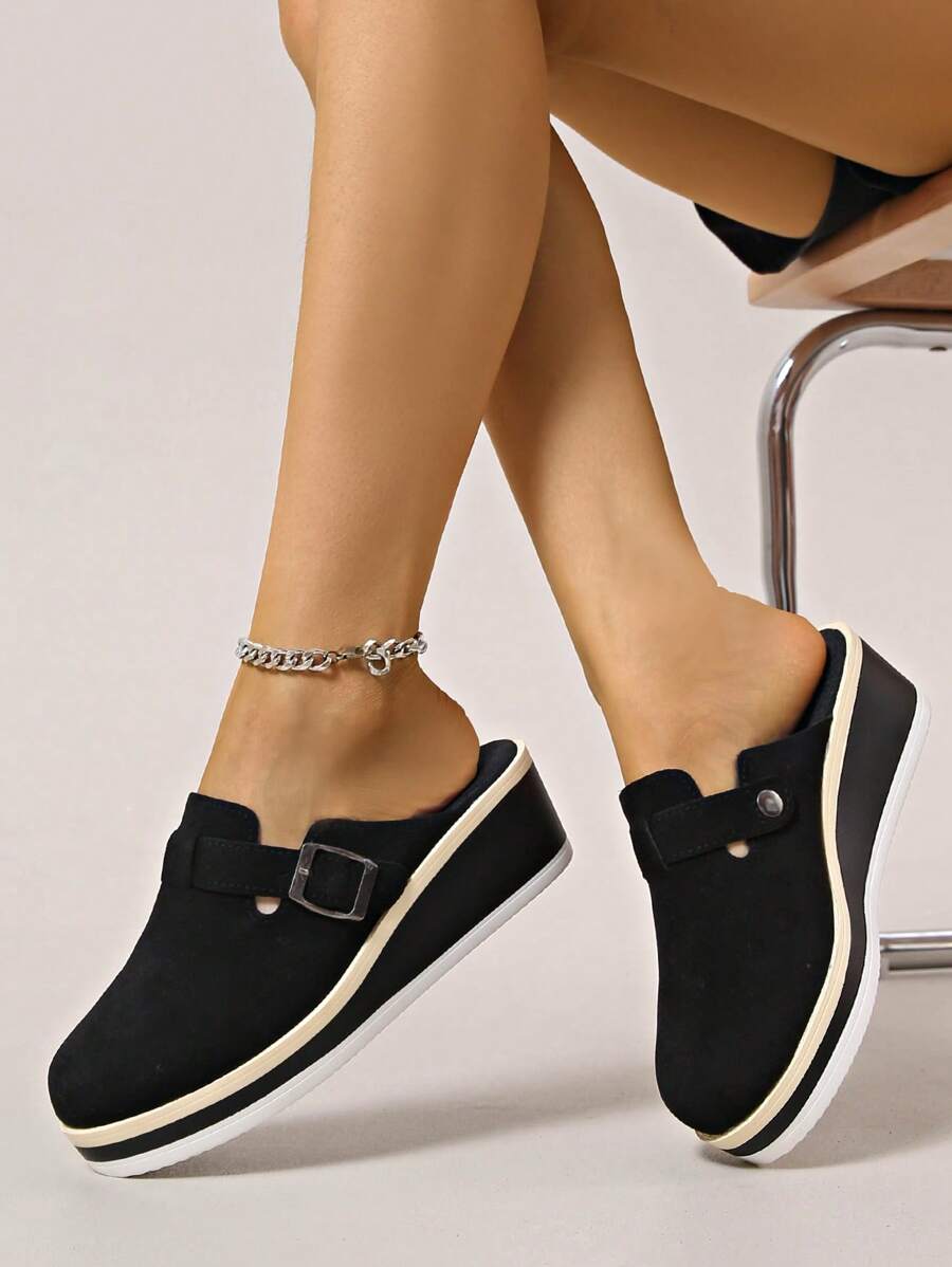 New Women Platform Mules Shoes, Black & Beige Faux Suede Round Toe Slip-On Fashion Thick Bottom Loafers - Black - View 1