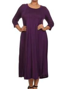 Plus Size Casual 3/4 Sleeves Basic A-Line Pleated Solid Midi Dress  Wedding - Purple - View 1