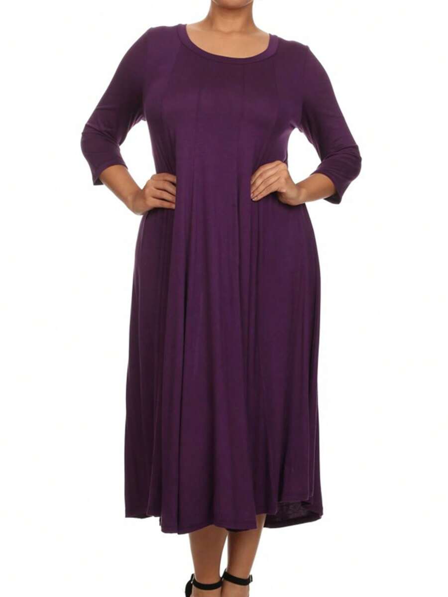 Plus Size Casual 3/4 Sleeves Basic A-Line Pleated Solid Midi Dress  Wedding - Purple - View 1