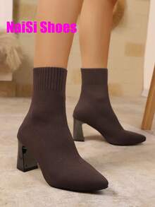 Women's 2025 New Thick Heel Pointed Toe Boots, Elastic Slim Fit Boots, Sock Boots, High Heel Ankle Boots, Strap Black Warm Boots, High Heel Mid-Calf Thick Heel Boots, Comfortable Fashion Pointed Toe High Heel Shoes, Casual Elegant Boots, Black Boots, Red Boots, Brown Boots, Coffee Boots - Coffee Brown - View 6