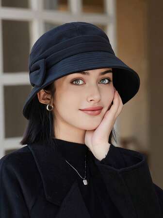 1 Stück Damen Herbst Schleifenhut, Winter Fischerhut mit breiter Krempe, retro eleganter einfarbiger warmer Glocken Hut, geeignet für Herbst/Winter Alltagstragen