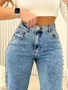 Chicsale Women's High-Waisted Straight Leg Denim Jeans With Pockets And Beaded Detail - Non-Stretch Washed Denim For A Stylish Look - 中等水洗藍 - 查看 1