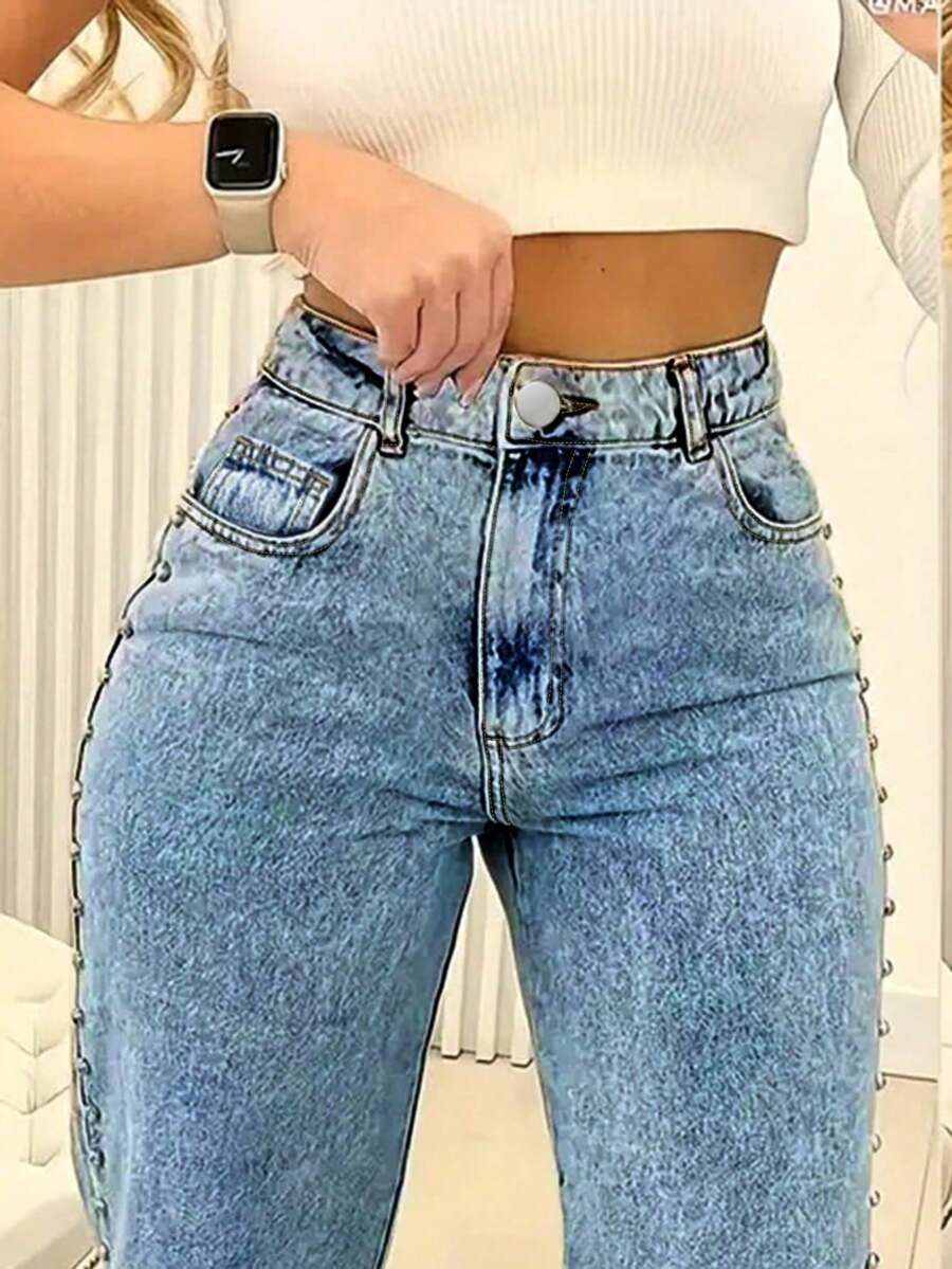 Chicsale Women's High-Waisted Straight Leg Denim Jeans With Pockets And Beaded Detail - Non-Stretch Washed Denim For A Stylish Look - 中等水洗藍 - 查看 1