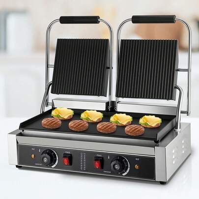 Commercial Panini Grill, 3600W Electric Sandwich Panini Maker, Stainless Steel Double Sandwichs Press Grill With Handle And Temp Control, 19x9 In Flat Enamel Plate For Hamburger Steak Bacon