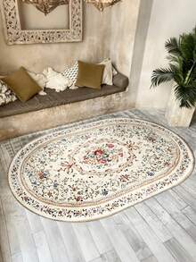 1pc Luxury European Style Oval Rug - Soft, Plush Floral Pattern, Gold Trim, Decorative Carpet, Bedroom Decor, Small Rug, Carpet, Home Decor, Living Room Rug, Living Room Small Rug, Bedroom Rug, Living Room Home Decor, Outdoor Rug, Washable Rug - Multicolor - View 5