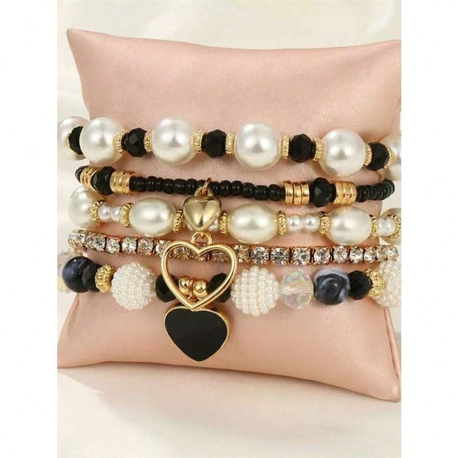 5pcs Pearl & Crystal Beaded Bracelets, Fashion Multilayer Wrist Bracelet Set For Women