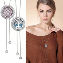 New Zirconia Flower Tree Of Life Aromatherapy Necklace Diffuser Pendant Long Tassel Necklaces Rhinestone Perfume Open Locket Pendants Necklaces Adjustable Size Women Sweater Chain Tassel Necklace DIY Accessories Gift - Round - View 2