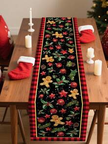 1 pezzo Tappeto da tavola natalizio con stampa a pupazzo di pan di zenzero e plaid, tappeto da tavola rettangolare in poliestere natalizio con elementi classici natalizi, perfetto per tavoli da pranzo familiari natalizi e raduni festivi