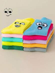 1/3/5/8/10 Pairs Random Women Mid-Calf Socks, Cute Smiling Face Cartoon Pattern, Comfortable & Fashionable Personalized Socks, Spring/Summer