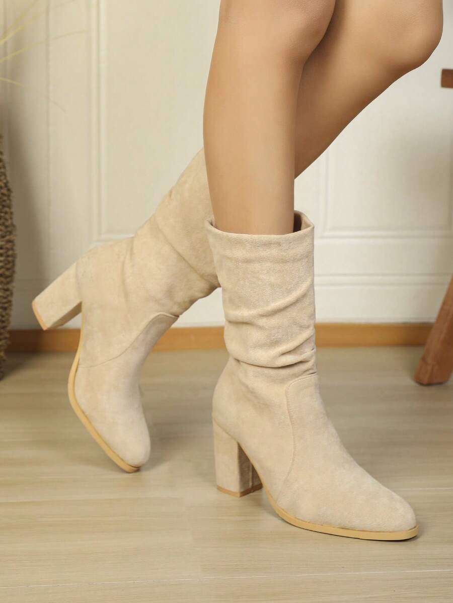 Chunky Heel Slouchy Boots Round Toe Suede Slim Tall Boots For Women, New Autumn/Winter Mid-Calf Riding Boots, Fur Trim, Apricot - Apricot - View 1