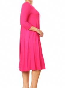 Plus Size Casual 3/4 Sleeves Basic A-Line Pleated Solid Midi Dress  Wedding - Hot Pink - View 3