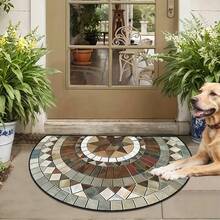 1件复古几何砖纹半圆形迎宾垫 - 柔软舒适，可机洗涤纶材质，适用于室内外入口、卧室、厨房和家居装饰，室内外通用垫 | 艺术迎宾垫 | 迎宾垫，家居地毯，圣诞装饰，厨房地毯 - 彩色 - 查看 12