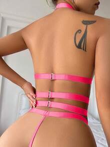 Halter Heart Ring Cutout Chain Floral Lace Sheer Garter Belt Lingerie Set 3 Piece - neon pink - 查看 2