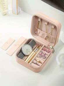 1/5pcs Jewelry Box, Small PU Leather Travel Jewelry Organizer, Double-Layer Portable Mini Jewelry Display And Storage Case, Suitable For Earrings, Rings, Necklaces, Bracelets, Nail Art, Mother's Day Gift, Christmas Gift, Halloween Gift, Girl's Gift