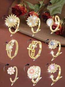 Fidget Anxiety Rings For Women Men Spinner Rings For Anxiety Relieving Stress Open CZ Flower Moon Star Anti Rotatable Rings Adjustable