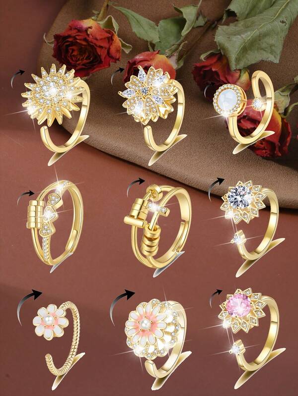 Fidget Anxiety Rings For Women Men Spinner Rings For Anxiety Relieving Stress Open CZ Flower Moon Star Anti Rotatable Rings Adjustable