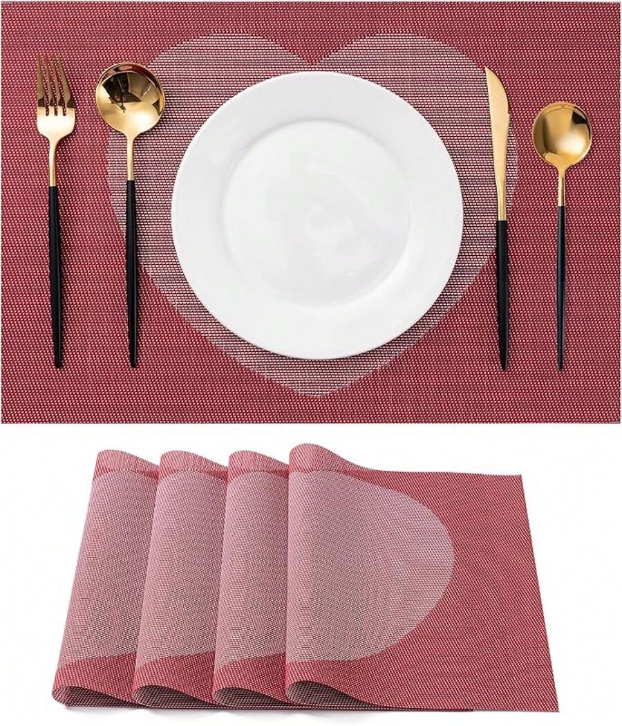Washable Vinyl Placemats Set Of 4 For Indoor/Outdoor Use - E-red Pink Heart - View 1