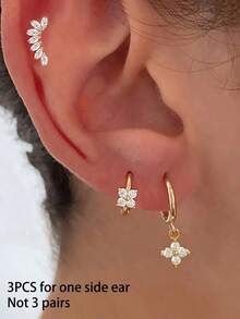 3PCS Stainless Steel Zirconia Flower Earring Set For Women, 18K Gold Plated Hypoallergenic Tragus Helix Hoops Ear Stud Cartilage Piercing Jewelry For Daily Ware - Gold-16 - View 2