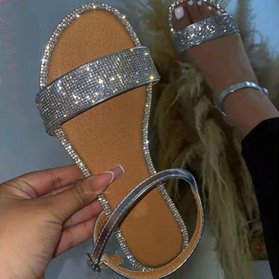 Summer Rhinestone One-Strap Flat European And American Women's Sandals Ladies Sandal Manufacturer - Bạc - Xem 1