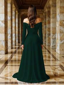 Vestido Largo Escote Corazón Asimétrico Abertura Alta Ajustado Manga Larga Corte Imperio Drapeado Espalda Descubierta Casual y Elegante Moda Mujer - Verde Botella - Ver 6
