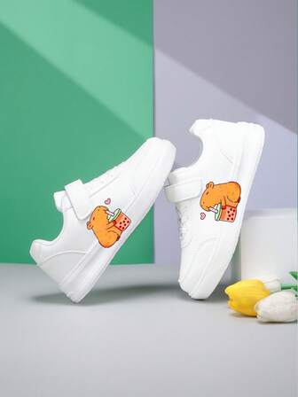 New Kids/Teens Fashionable & Cute Capybara Drinking Bubble Tea 2D Print Casual Hook And Loop Sneakers