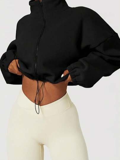 Women's Plush Zip-Up Drawstring Waist Casual Sweatshirt, Elegant And Comfortable For Autumn/Winter, Solid Color