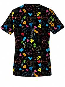 Women's Heart & Puzzle Print Spring & Summer V-Neck Scrub Short Sleeve Nurse Uniform Tops With Pockets For Women - Black - View 2