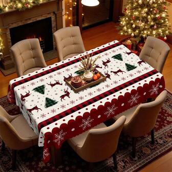 1pc Christmas Tablecloth - Red & Black Plaid Reindeer Design Dining Table Cover, Paired With Snowflake Christmas Tree Decor - Polyester Fabric - Fits Rectangular, Round, Dining Tables - Party, Home, Restaurant Winter Decoration - Easy To Clean Holiday Decor