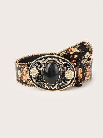 1 pieza Cinturón occidental a juego estilo bohemio, cinturón de cintura con hebilla de metal con estampado de rosa, adecuado para vestidos, vaqueros, fiestas, reuniones, ir al trabajo