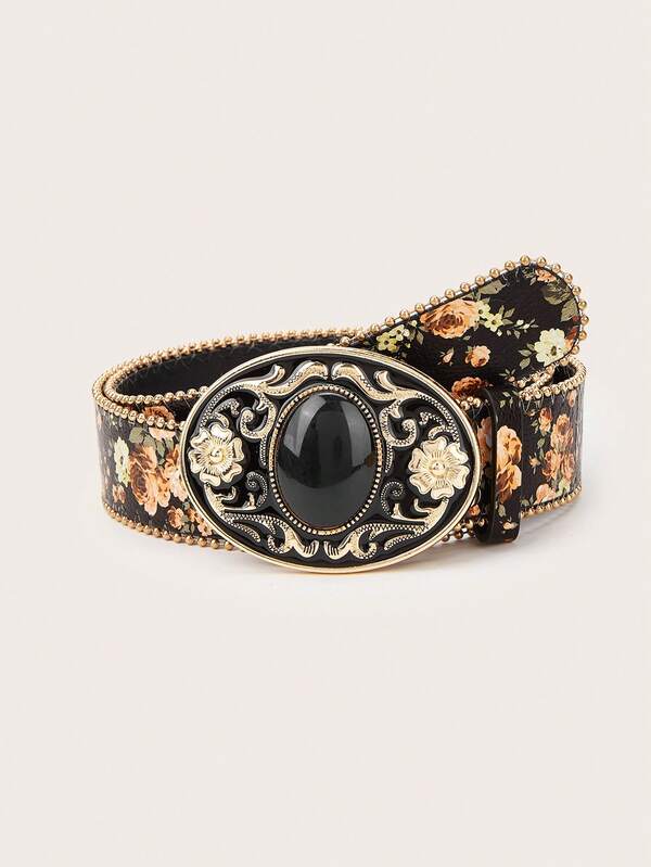 1pc Women's Bohemian Vintage Agate Decor Metal Buckle Belt, Suitable For Halloween, Music Festivals, Jeans, All Seasons