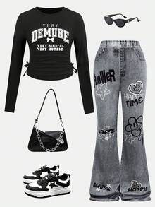 Tween Girl Letter Graphic Print Crew Neck Long Sleeve Top And Printed Pants Set - Black - View 1