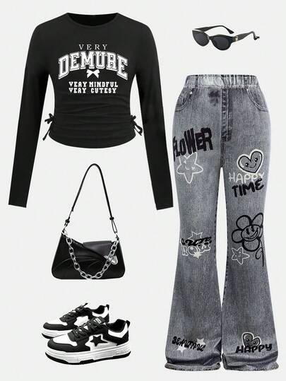 Tween Girl Letter Graphic Print Crew Neck Long Sleeve Top And Printed Pants Set