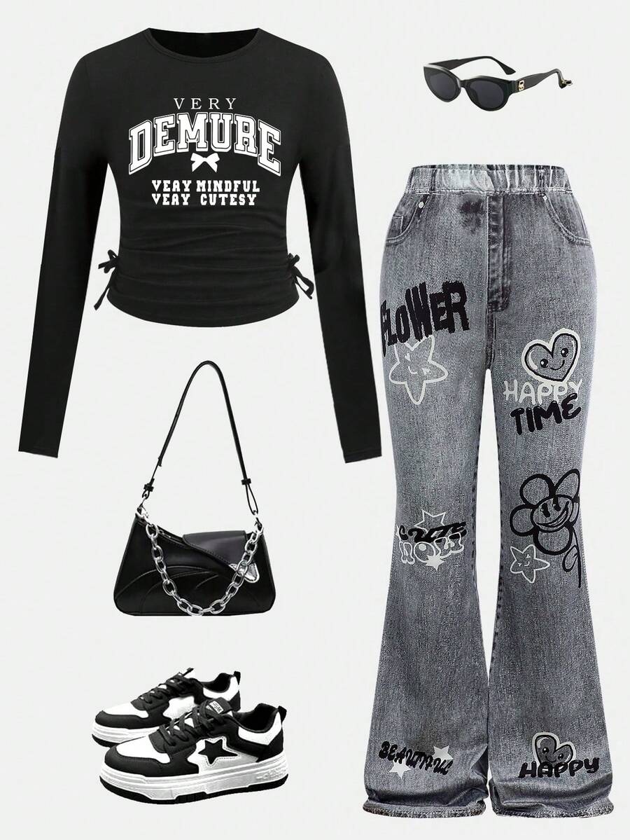 Tween Girl Letter Graphic Print Crew Neck Long Sleeve Top And Printed Pants Set - Black - View 1