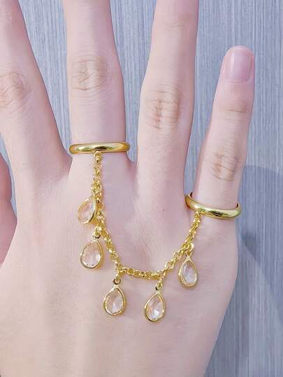 1pc 18K Plated Copper Ring With Cubic Zirconia And Tassel Chain, Sparkly Jewelry Gift For Women, Wedding And Party Accessories